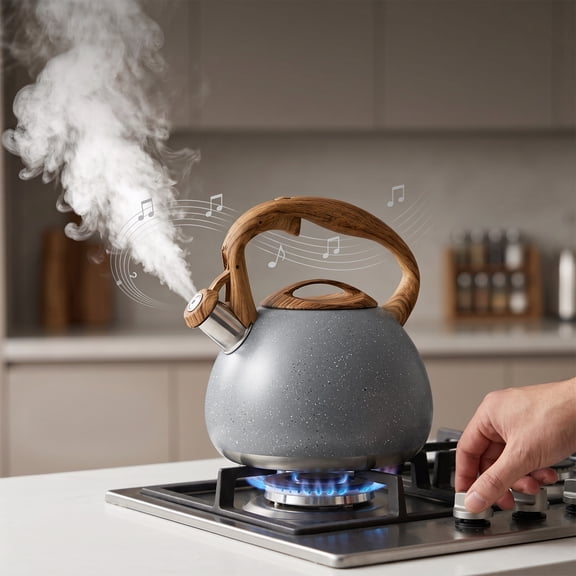 Whistling Tea Kettle for Stove Top, 3.2 Quart Stainless Steel Tea Kettle Black Tea Pot with Wood Pattern Handle for Boiling Water Coffee or Milk