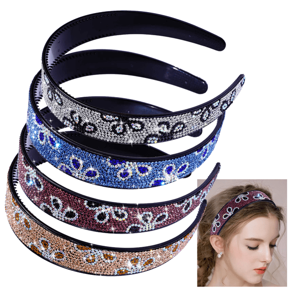 Rhinestone Headband – 4 Pack Crystal Beaded Hair Bands for Women, Wide Sparkle Head Band for Girls