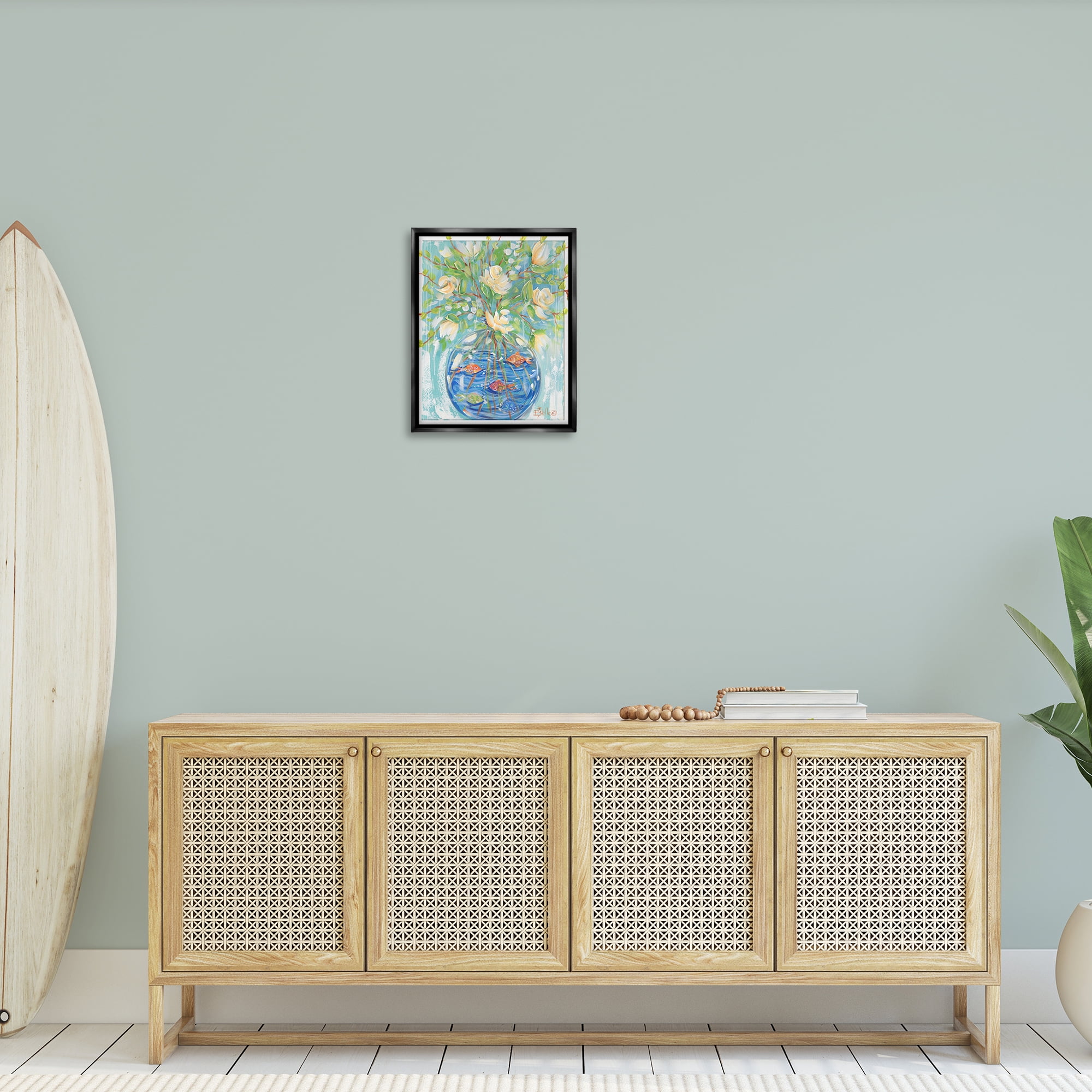 Stupell Industries Fish Bowl Bouquet Plants & Flowers Painting Black Floater Framed Canvas Art Print Wall Art, 17 x 21