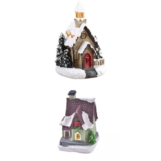 2 estatuas de casa iluminadas de resina para decoración navideña, ideal como regalo de mesa. EstiloN