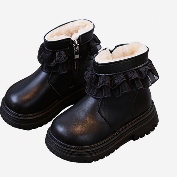 Viluyesy Girls Ankle Boots Lace Ruffle Trim Side Zipper Warm Winter Fashion Walking Shoes Black Size 11.5 Little Kids