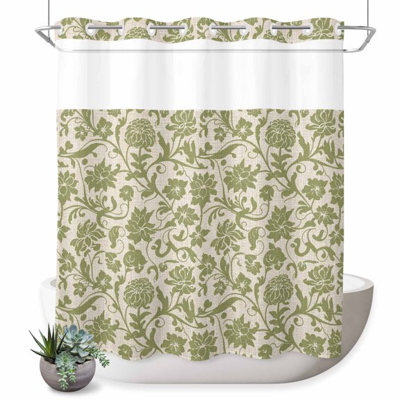 No Hook Shower Curtains for Bathroom Green Floral Waterproof Fabric Shower Curtain Decorative Vintage Rustic Botanical Spring Bath Tub Bath Curtains with See Through Mesh Top Window 72x72 Inch