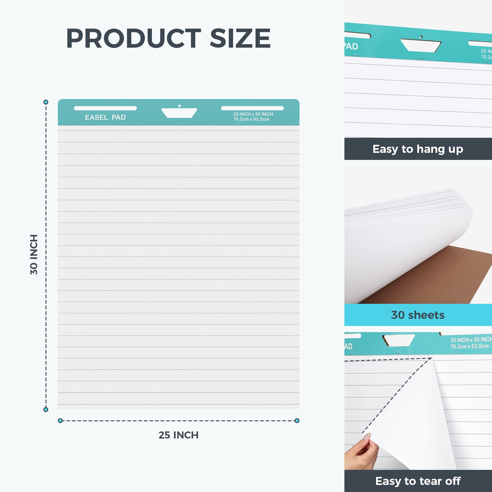 Lined Sticky Easel Pad, 25 x 30 Inch, White, 30 Sheets/Pad, 6 Pads/Pack, Flip Chart Paper for Teachers,Large Self-Stick Easel Paper, Super Sticking Power & Bleed-Resistant