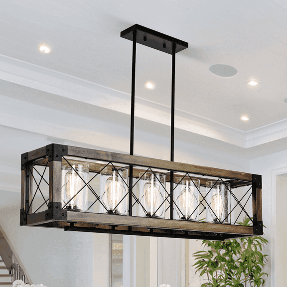bokifol 5-Light Kitchen Island Lighting, 35.5 Inch Rustic Rectangle Chandeliers for Dining Room