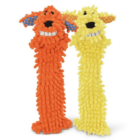 Multipet Floppy Moppy Loofa, Unstuffed Plush Dog Toy, 2 Pack, Yellow and Orange