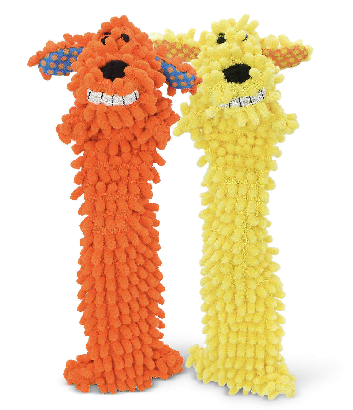 Multipet Floppy Moppy Loofa, Unstuffed Plush Dog Toy, 2 Pack, Yellow and Orange