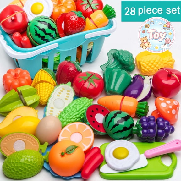 Cutting Food Play Toys, Detachable Fruit Vegetable Slicing Set with Portable Storage Shopping Basket, Kitchen Simulation Props, Christmas Birthday Gifts, Toys for Toddler Baby Kids Boys Girls, Age 3