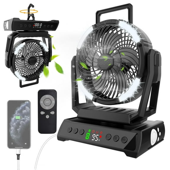 KANCOKIT Portable Camping Tent Fan with LED Light, 20000mAh Rechargeable Camping Lantern Fan USB Desk Fan Remote Control for Indoor Outdoor, Black