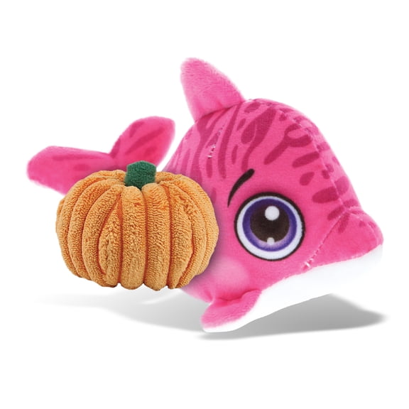 DolliBu Super Soft Plush Buddies Pink Dolphin Stuffed Animal with Pumpkin Decor - Pumpkin Plush Animal for Fall, Halloween and Thanksgiving, Pumpkin Toy for Baby, Kids, Adults - 6 Inches