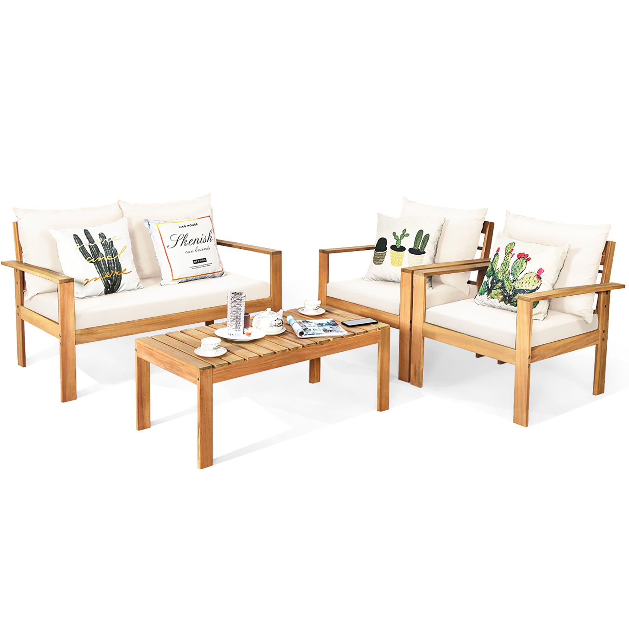 Costway 4PCS Patio Furniture Set Acacia Wood Thick Cushion Loveseat Sofa Off White