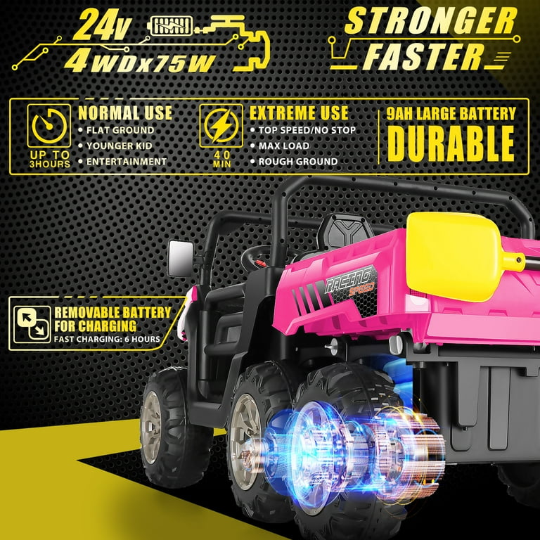 Vibespark 24 V 4WD Kids Kids Ride on UTV with Remote Control 2 Seater 6 Wheel Ride on Dump Truck Car Ride on Toys w Tipping Bucket Trailer