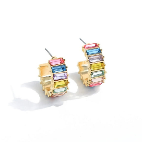 Goldtone Multi Colored Crystal Baguette Huggie Hoop Earrings