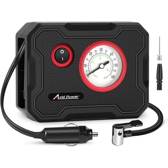 12V Tire Inflator Portable Air Compressor, Portable Car Air Pump w/Display Gauge and LED Light, Air Pump for Car Tires, Bike, Motorcycle, Compact, Lightweight (Red)