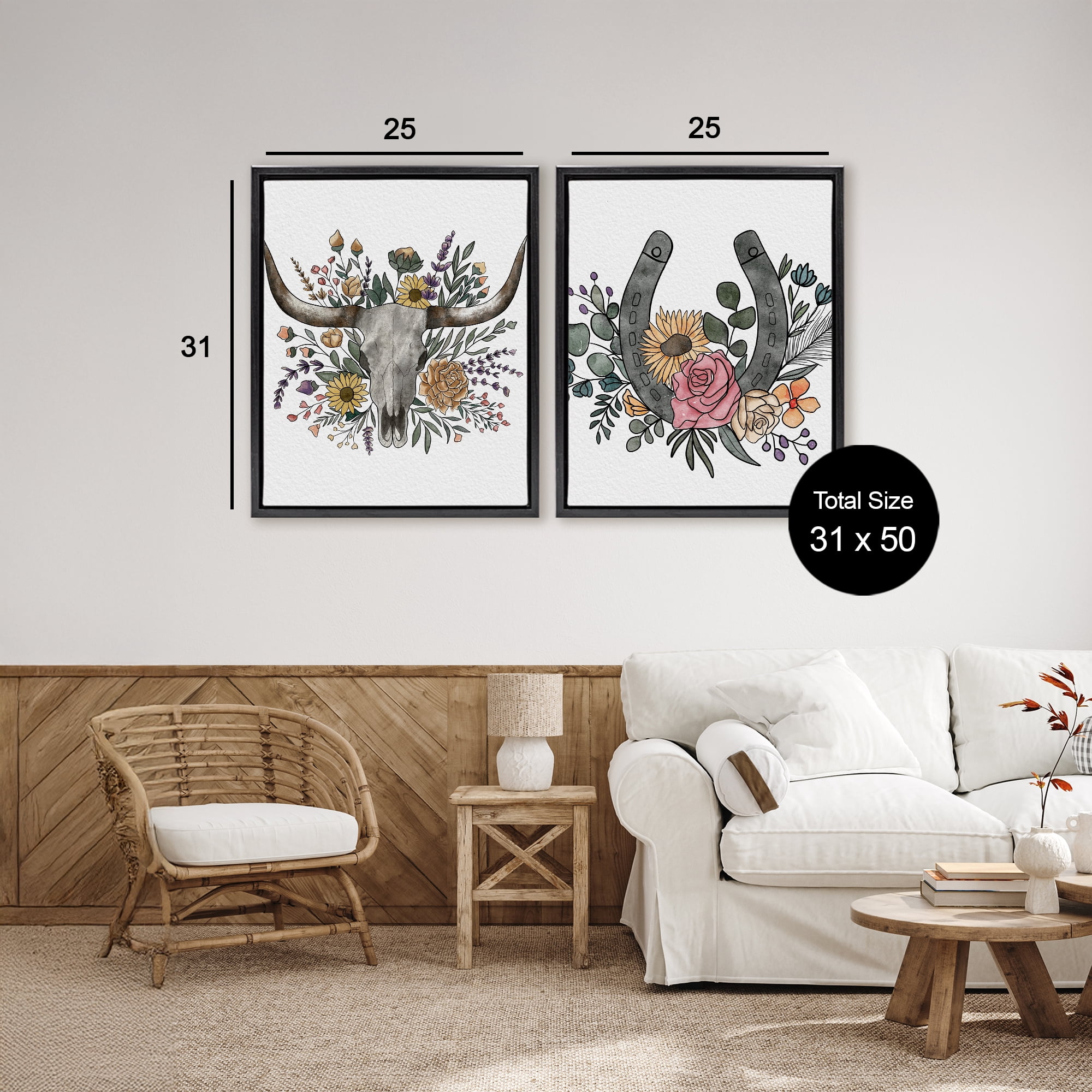 Stupell Industries Boho Longhorn & Horseshoe 2 Piece Black Framed Floater Canvas Set, design by Alisha Kiara Design
