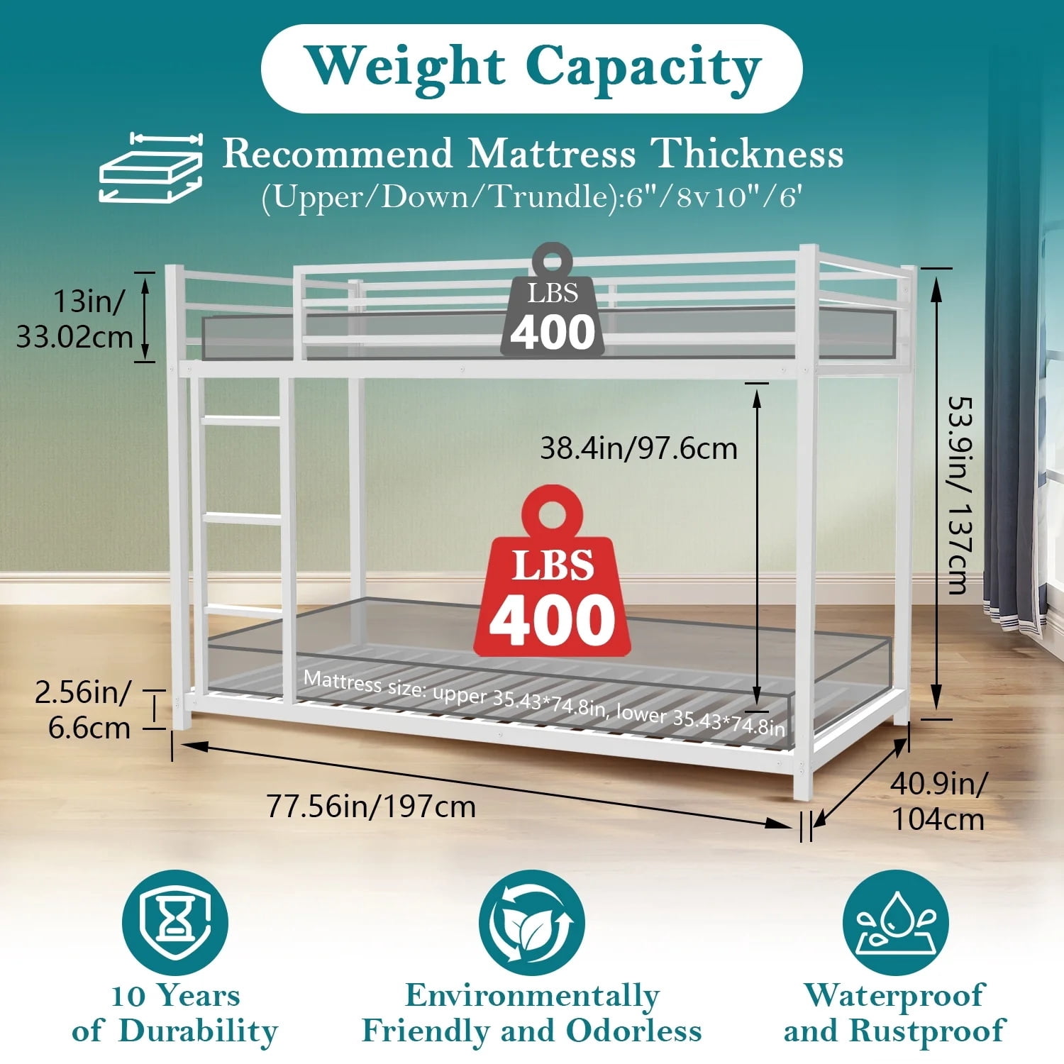 Alvantor Twin over Twin Bunk Beds for Kids Teens, Heavy Duty Low Bunkbeds with Ladder and Safety Guardrails White
