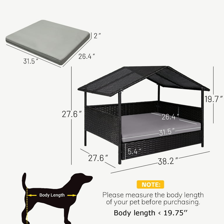 Wicker Dog Pet House Shade Canopy Rattan Sofa Bed for Indoor Outdoor with Cushion Gray