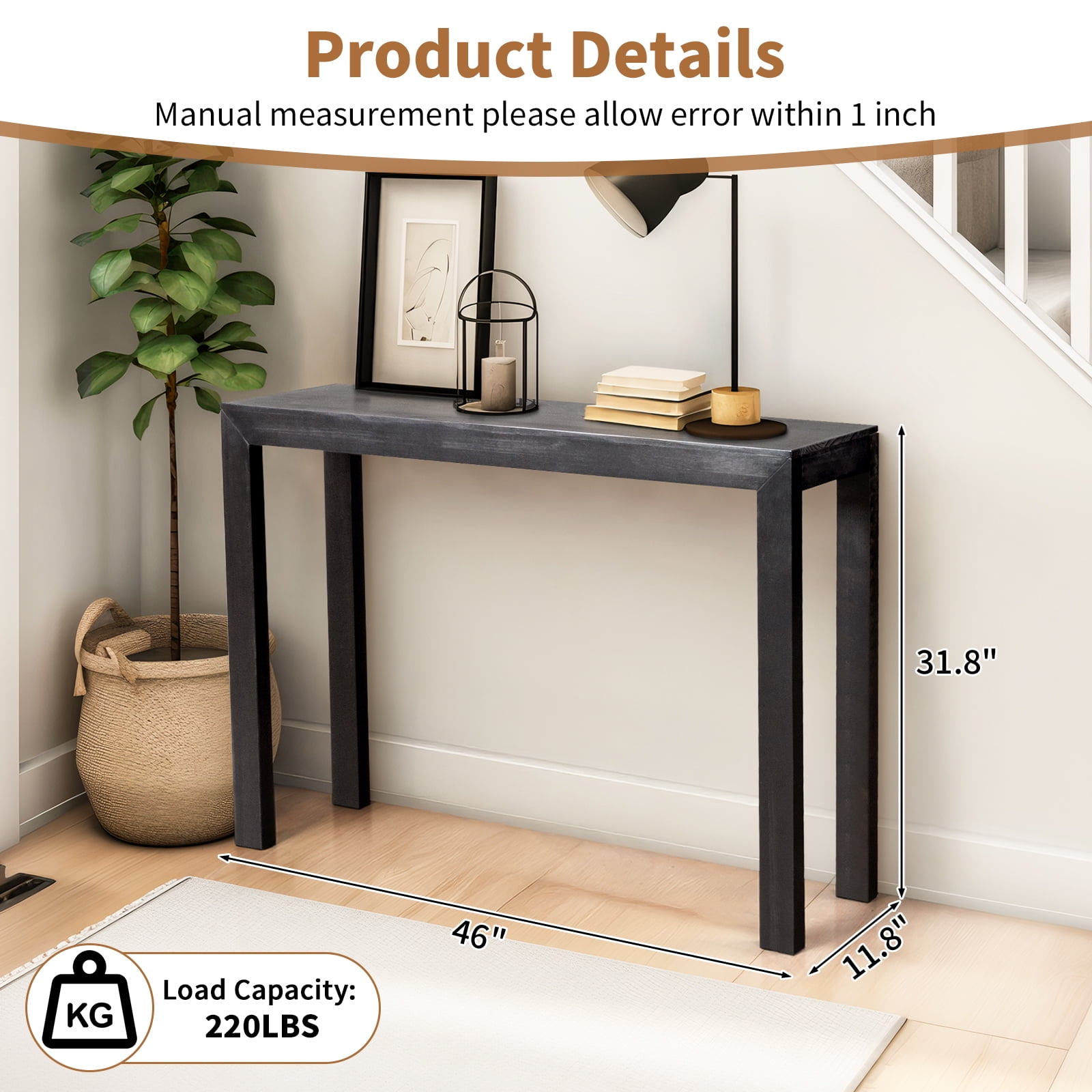 Zimtown Modern Console Table for Entryway, 46" Long Simplistic Sofa Table Narrow Hallway Foyer Table for Living Room, Black