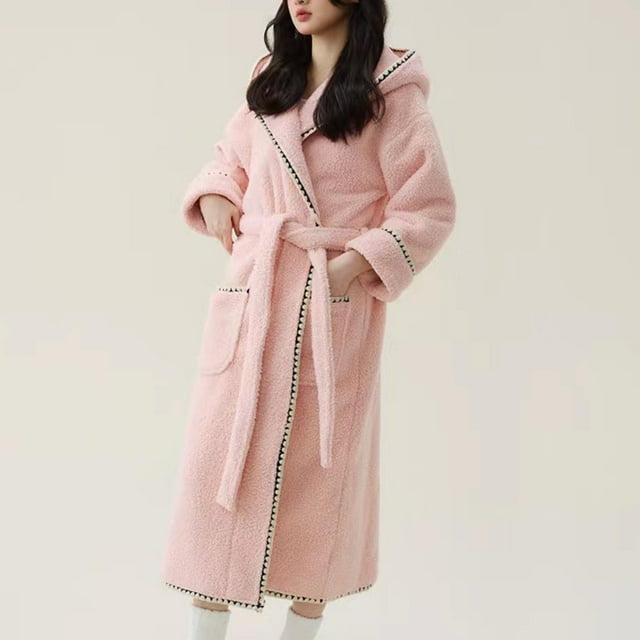 RXIRUCGD Mode Robe de Nuit Décontractée Unie à Manches Longues pour Femmes avec Poches en Velours Synthétique (Rose, Taille : m)