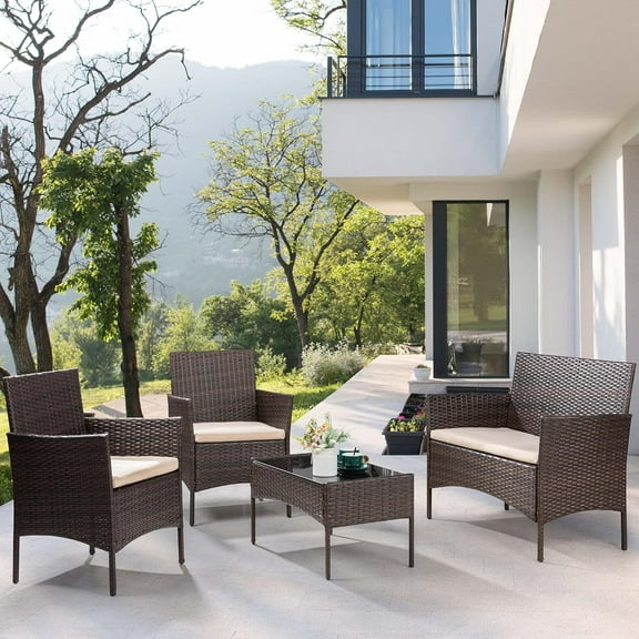 Bigleap Patio Furniture Set 4 Pieces, Outdoor Wicker Furniture with Coffee Table, Modern Rattan Patio Chairs Conversation Sets with Sofa for Garden, Terrace, Porch, Balconies, Lawns,Brown