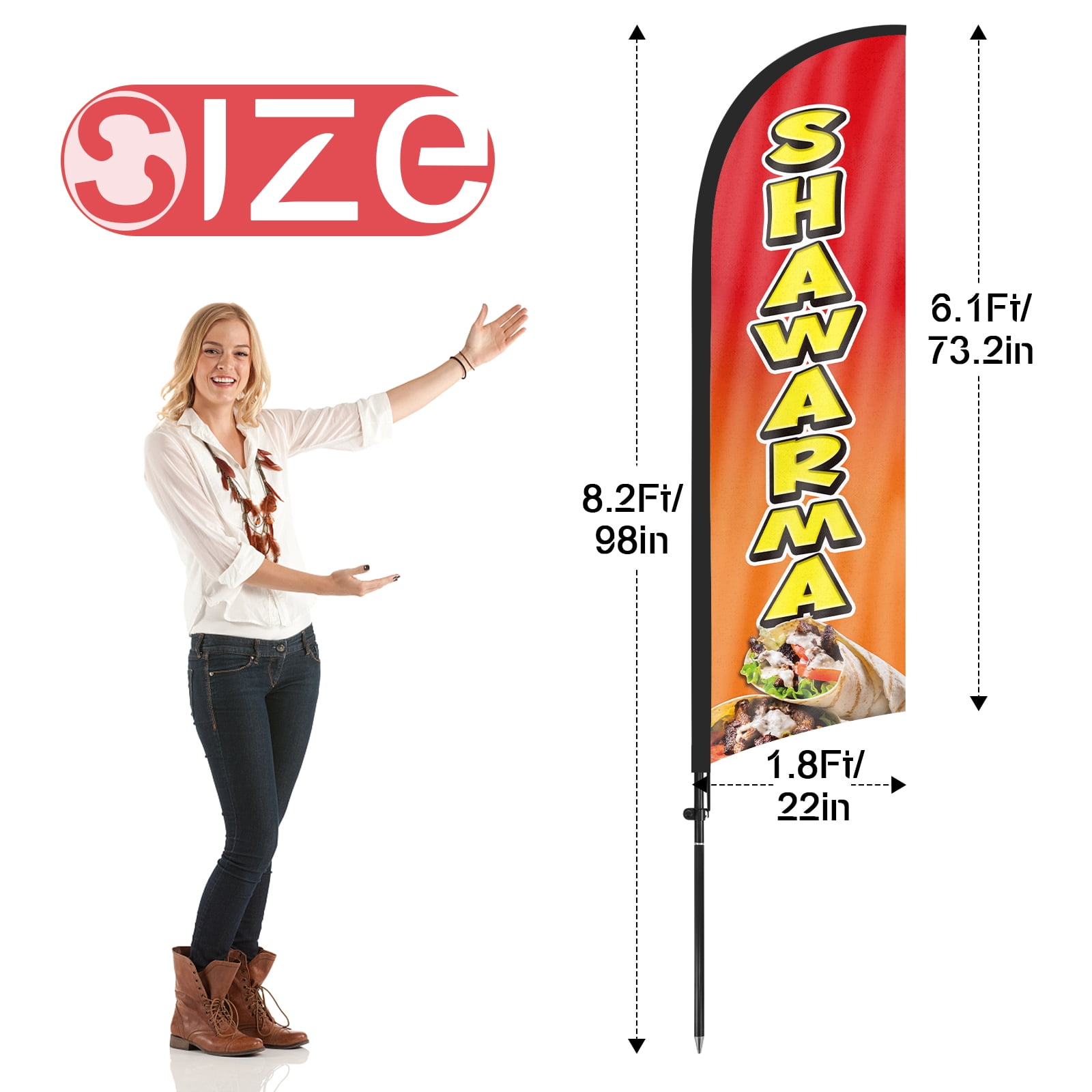 QSUM Shawarma Feather Flag with Flag Pole Kit and Ground Spike, 8.2FT Food Windless Flag Banner Sign Business for Outdoor Advertising Sign Decoration Display