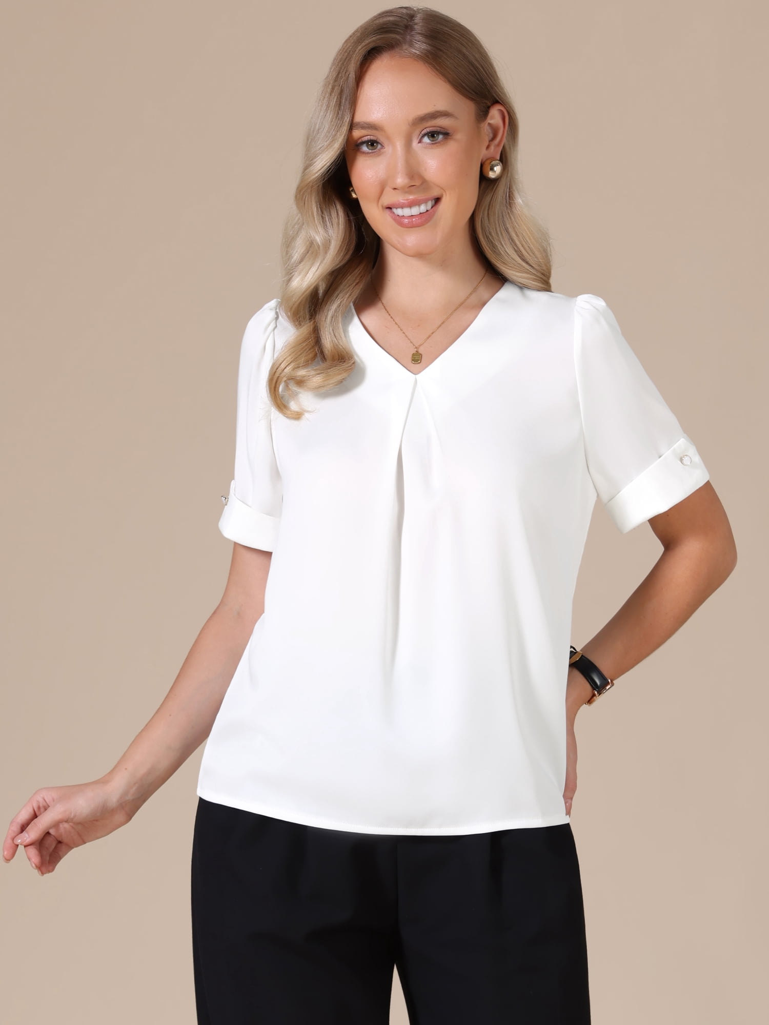 DARING DIVA Women's Satin Blouse V Neck Short Sleeve Business Work Shirt 2XL White