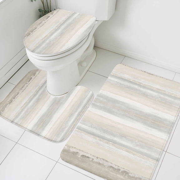 Gradient Abstract Bathroom Rugs Set Beige White Gray Striped Simple Non Slip Absorbent Soft Bath Mats 3 Piece Set with Bathroom Rug, U-Shaped Floor Mat, Toilet Seat Cover Large Size