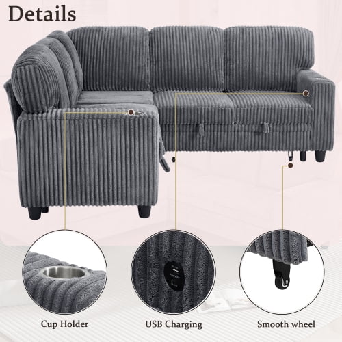 Howcool Modular Sectional Sleeper Sofa, 81" L-Shaped Oversized Cloud Couch with Pull-Out Bed, 5-Seat Corduroy Sofa with Storage Chaise, USB Charging and Cup Holders for Living Room Apartment,Gray