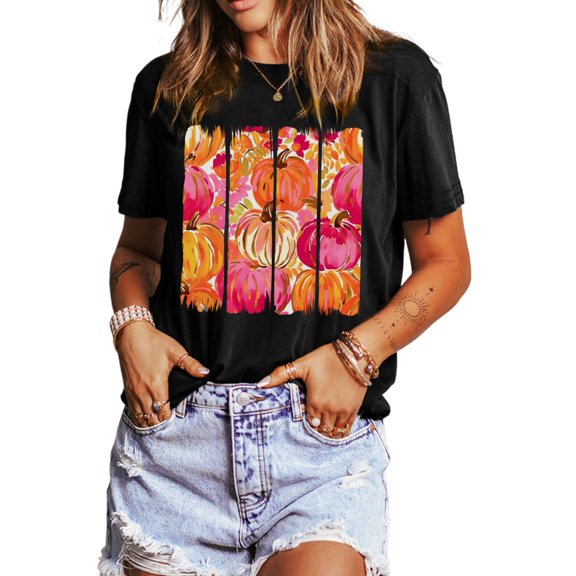 TinyCribz Women's Pumpkin Graphic T Shirt, Casual Fall Short Sleeve 3XL