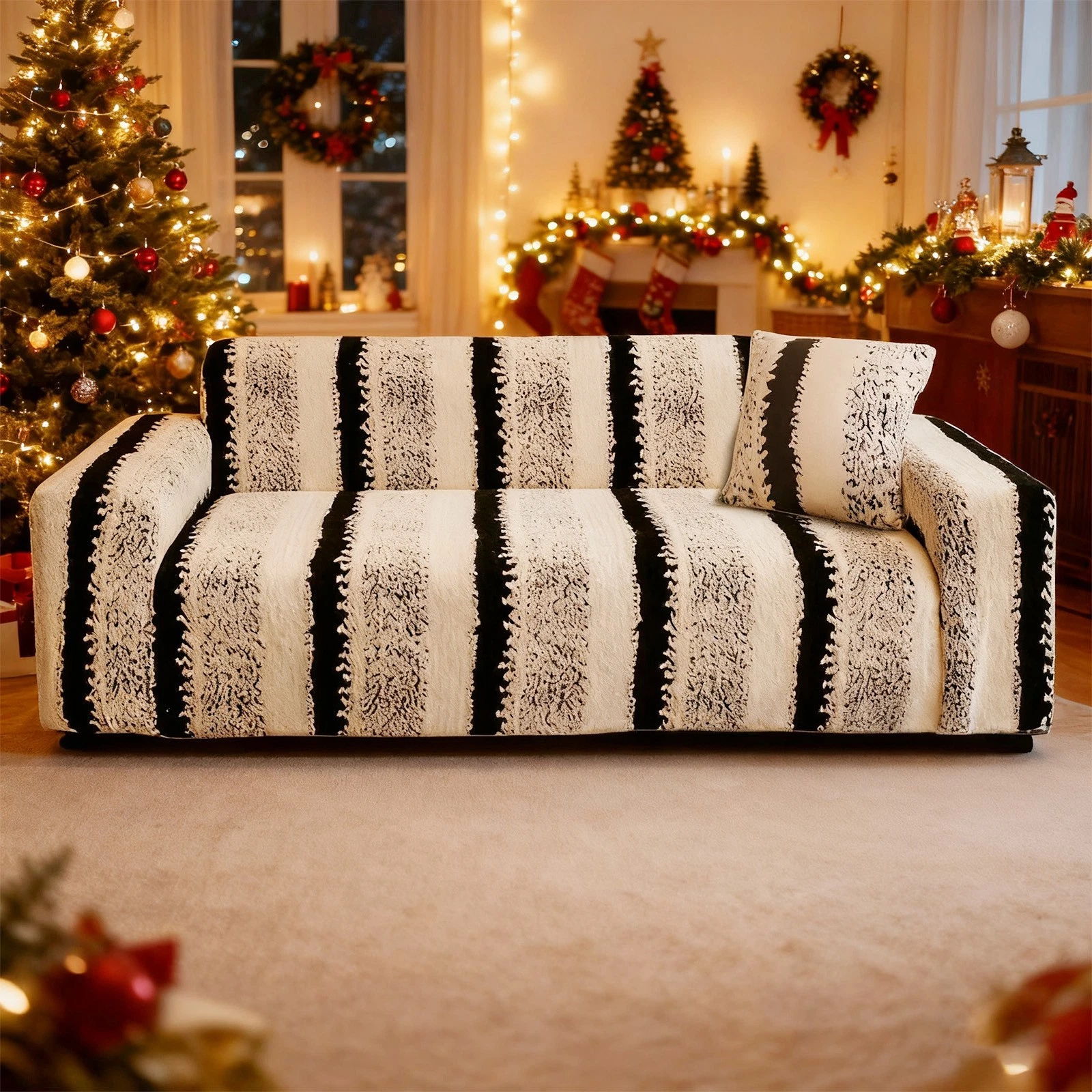 TOPCHANCES Stretch Stripe Sofa Covers, Soft Cotton Blend Velvet Fabric Armchair Loveseat 3-Seat Sofa Slipcover, Non-slip Couch Protector Settee Cover, Friendly to Pets (Chair Cover, Stripe Black)