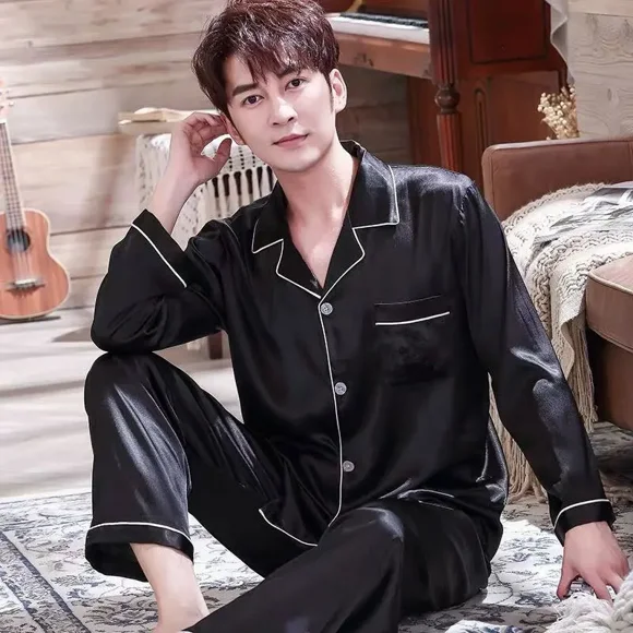 Men Pajama Sets Silk Satin Pijama Turn-down Collar Sleepwear Long Sleeve Spring Nightwear Male 2 Pieces Sets Homewear girl