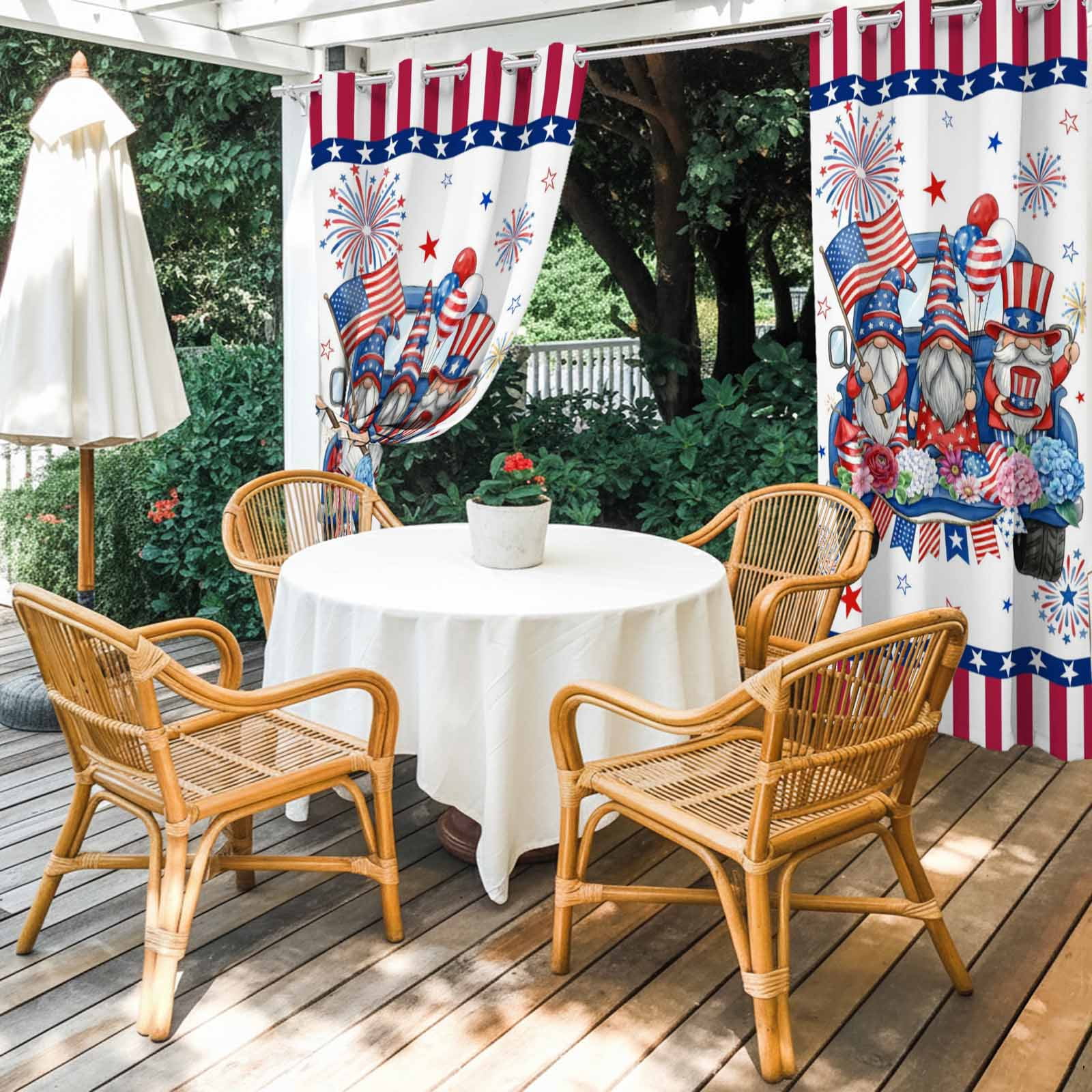 US Anniversary Outdoor Curtains for Patio, Independence Day Gnomes Blue Truck Sunshade Privacy Drapes Grommet Waterproof Outside Curtains for Porch/Cabana/Balcony 54"x 108", 1 Panel