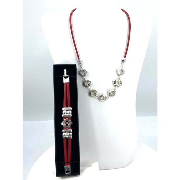 Vintage Cross Necklace and Bracelet Set Handmade Jewelry in Argentina with Genuine Leather Strap by Graciela's Collection