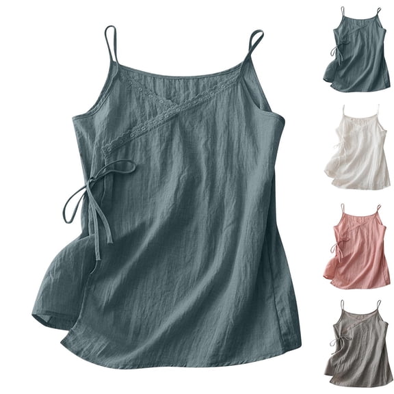 LangJing Women's Linen Cotton Camisole Tank Top 2026 Trendy Lace Trim Cami Blouse Solid Adjustable Tie Summer Layering Shirt Pink,XL
