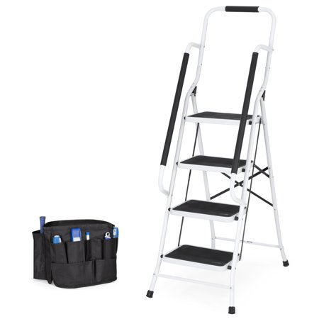 Pioneer Ladder - Best Choice Products 4-Step Portable Folding Anti-Slip Steel Safety Ladder w/ Padded Handrails, Attachable Tool Bag, Knee Rest - White