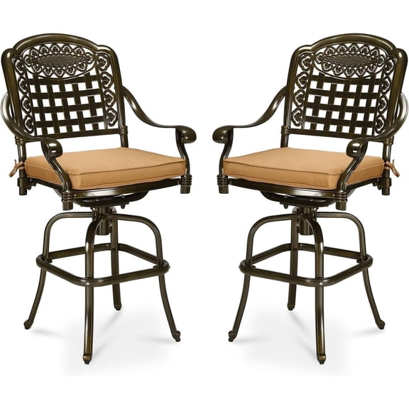 MEETWARM Outdoor Swivel Barstools Cushions Cast Aluminum Frame - Set of 2, Dark Bronze