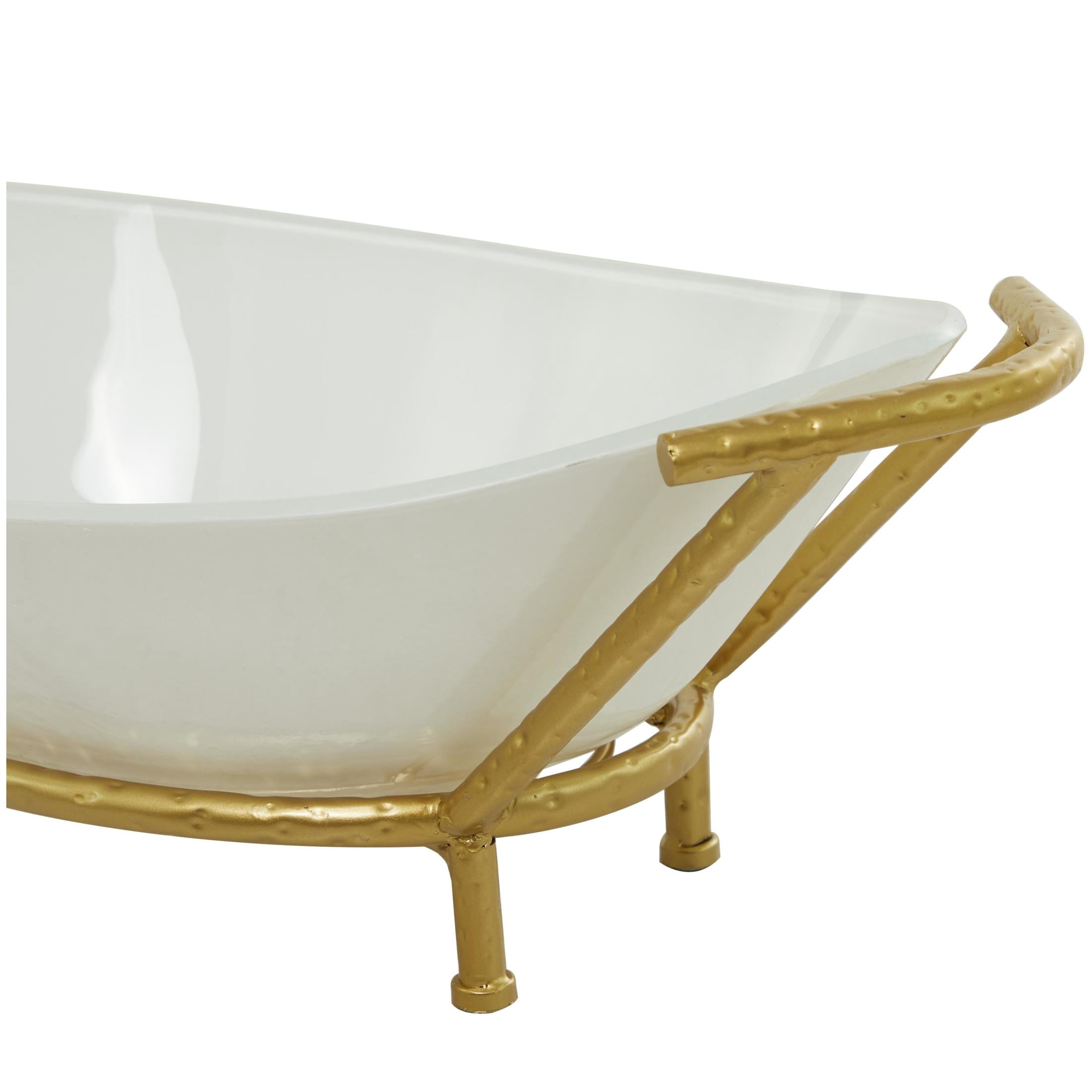 CosmoLiving by Cosmopolitan 25" x 9" White Glass Kitchen Serving Bowl with Gold Metal Stand, 1-Piece
