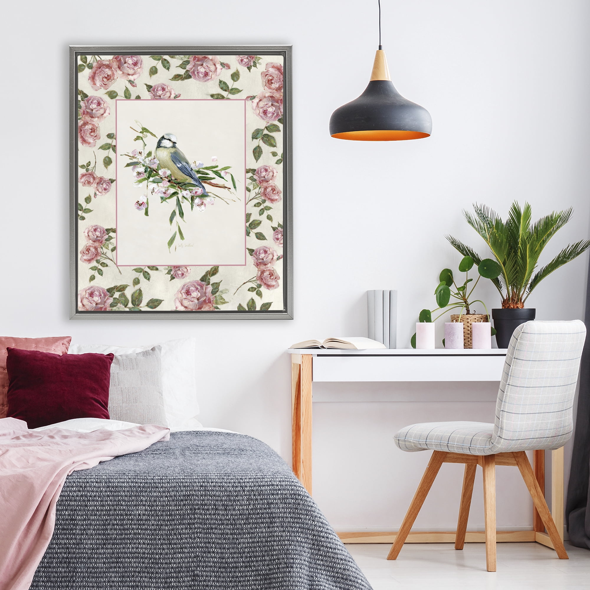 Stupell Industries Dainty Roses & Perched Bird Gray Framed Floater Canvas Wall Art, design by Sally Swatland