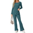 thumbnail image 2 of INSPIRE CHIC Women's Ribbed Knit Lounge Set Long Sleeves Top and Pants Pajama Sets Two Piece Matching Set L Peacock Blue, 2 of 6