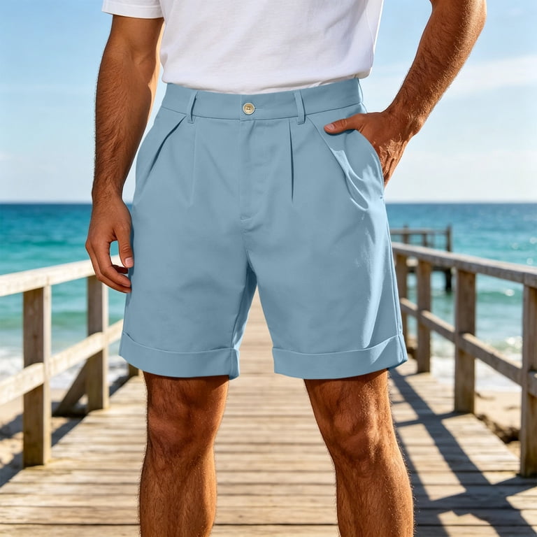 Mens Business Casual Dress Shorts Button Elastic Waist Solid Color
