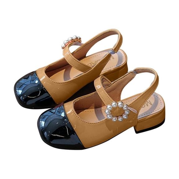 Girls Pearl Mary Jane Sandals with Adjustable Ankle Strap, Khaki Closed-Toe Dress Sandals for Kids 4-10 Years,Size 11 M