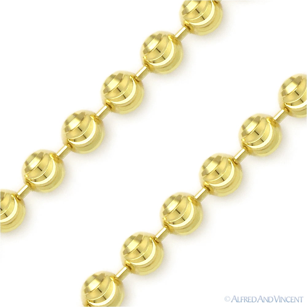 2.3mm Moon-Cut Ball Bead Link Chain Necklace in .925 Sterling Silver w/ 14k Yellow Gold