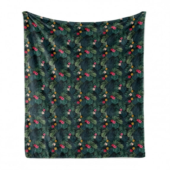 Tropical Soft Flannel Fleece Throw Blanket, Realistic Rainforest Flora Hibiscus Flowers Monstera Leaves Untouched Paradise, Cozy Plush for Indoor and Outdoor Use, 60" x 80", Multicolor, by Ambesonne