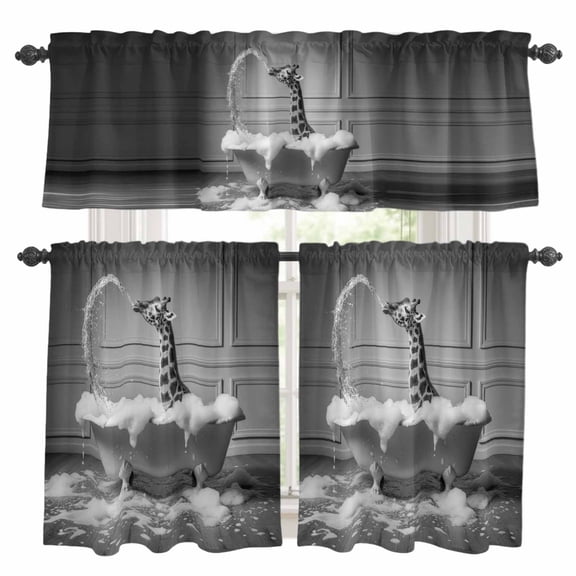 Giraffe Kitchen Curtains Sets for Windows 24 Inch Length, Funny Animal Bathtub Abstract Art Grey Rod Pocket Window Treatments Tier Curtains and Valances Set for Bedroom/Bathroom