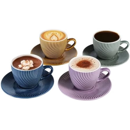 8 oz Ceramics Cup & Saucer Sets of 4, Cappuccino Cup, Espresso Cups, Tea Cups and Saucers, Perfect for Coffee or Matcha and Latte (Set of 4 colors)$$Home Decor, Kitchen, & Other