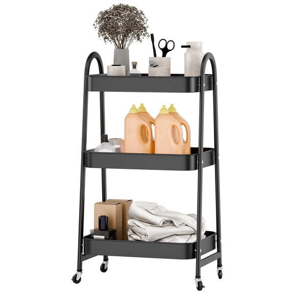 Fogcroll 3 Tiers Fruit Basket Stackable Carbon Steel Storage Baskets Fruit Vegetable Storage Cart with Casters,A-Line Fruit Vegetable Produce Organizer Bins Hollow Mesh Large Capacity