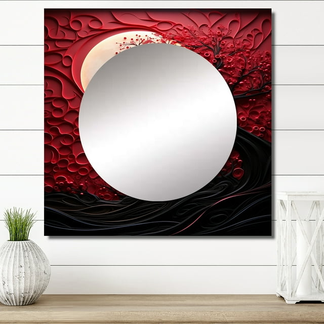 Designart "Radiant Ruby Red Moon" moon Square Mirror Wall Decor Astronomy - Large Red Square Bathroom Mirror - Square Printed Wall Mirror Art
