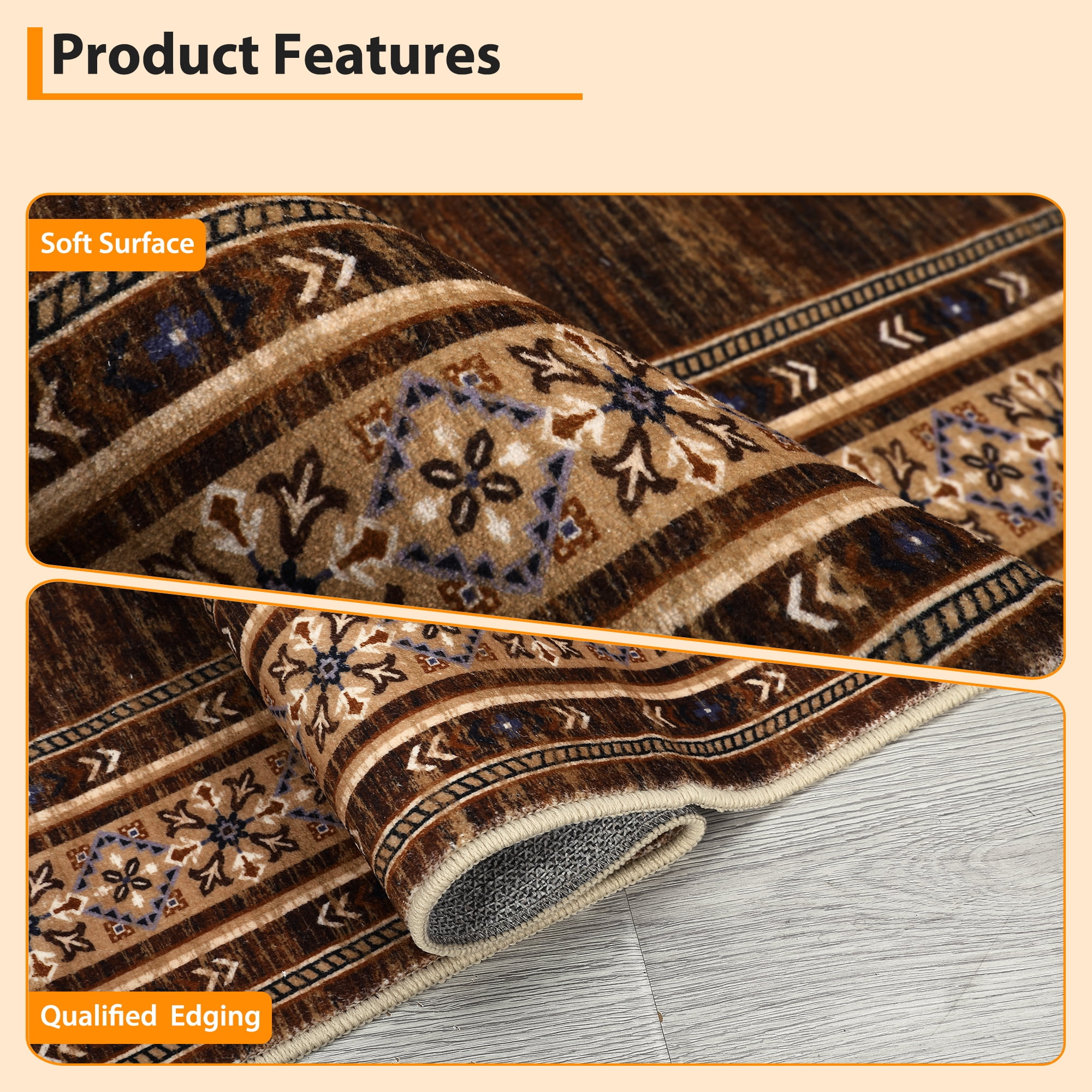 Brown Washable Area Rug 9' × 12' – Non Slip Low Pile Stain Resistant Hallway Rug for Bedroom, Living Room, Vintage Bordered Carpet for High-Traffic Areas