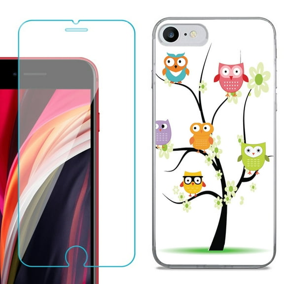 Slim-Fit Fashion Gel Phone Case for iPhone SE 2022, with Tempered Glass Screen Protector, by OneToughShield ® - Tree Owl
