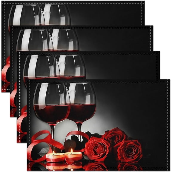 Rose Wine Glass Placemats, Red Black Rose Place Mats 12x18Inch Set of 4, Floral Blossom Wipeable Placemats for Dining Table, Banquet Flower Romantic Valentine's Day Table Mats, Women Men Adult Grey