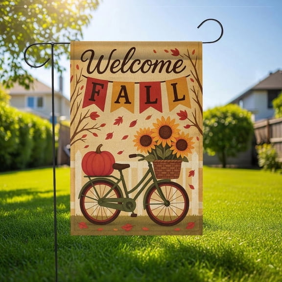 TiniDecor “Cozy Season” Fall Garden Flag – 12”x18” Autumn Icons Yard Banner with Pumpkins, Mugs, Scarves & Leaves